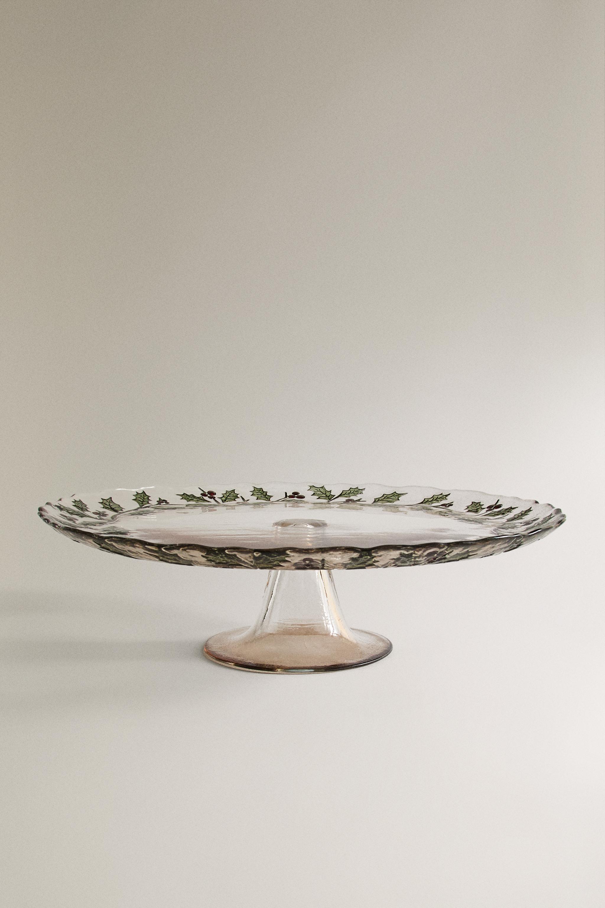 CHRISTMAS HOLLY LEAF GLASS CAKE DISH